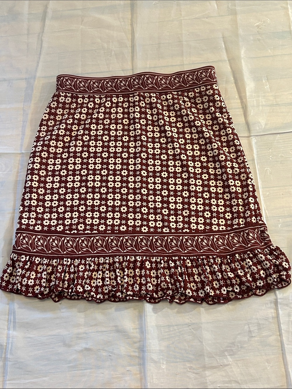 Floral Print Burgundy Mini Skirt with Ruffle Hem